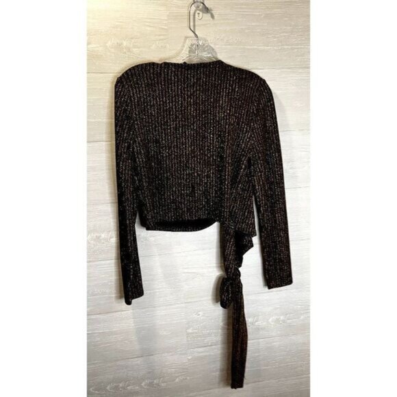 Dance and Marvel Women's Metallic Long Sleeve V Neck Tie Knot Wrap‎ Blouse - Picture 3 of 7